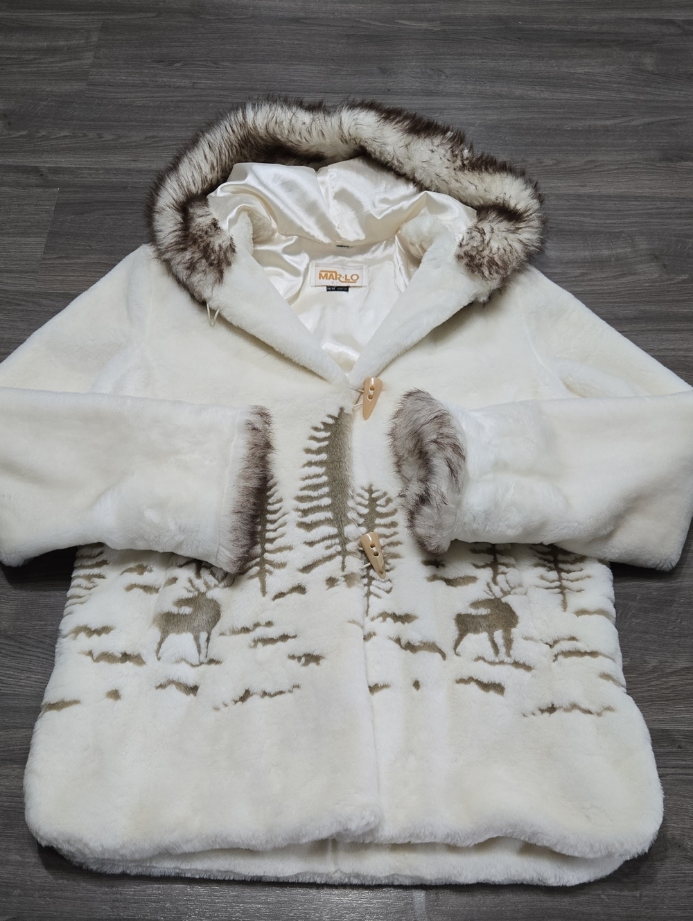 Marlow Cream Faux Fur Hooded Coat with Brown Trim Woodland Motif Womens Medium
